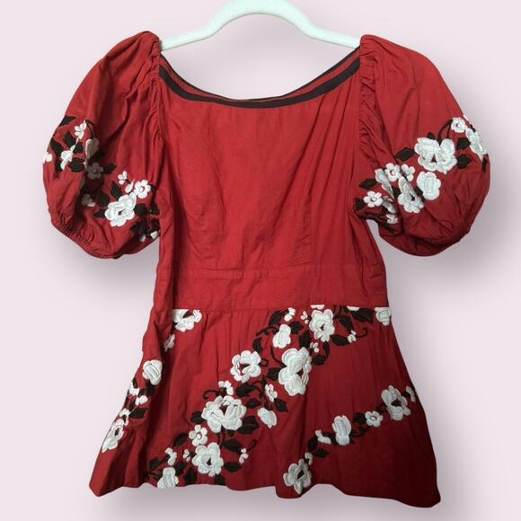 Anthropologie Lithe Embroidered Red Puff Sleeve Blouse - Picture 2 of 4